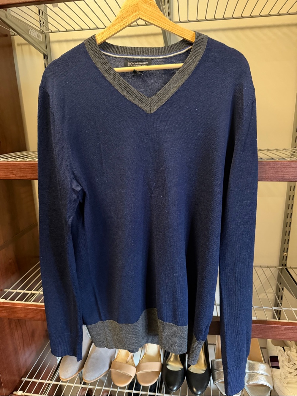 Banana Republic Navy V-Neck Sweater with Gray Hem and Trim
